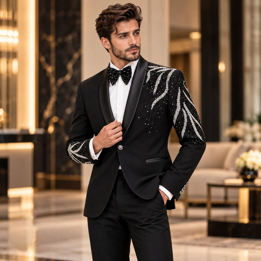Luxury Black Shawl Lapel Diamond 2 Pieces Men Suit For Prom