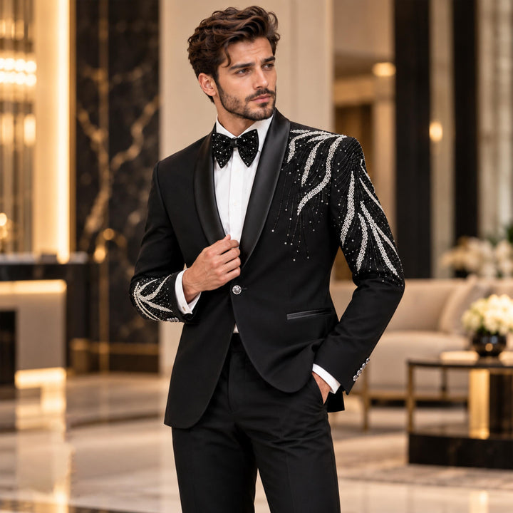 Luxury Black Shawl Lapel Diamond 2 Pieces Men Suit For Prom