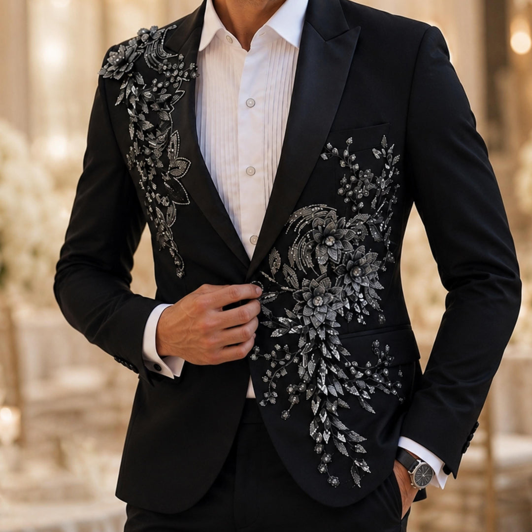 Fashion Black And Diamond Peak Lapel 2 Pieces Men Suit