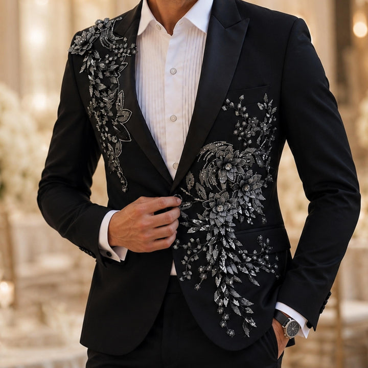 Fashion Black And Diamond Peak Lapel 2 Pieces Men Suit