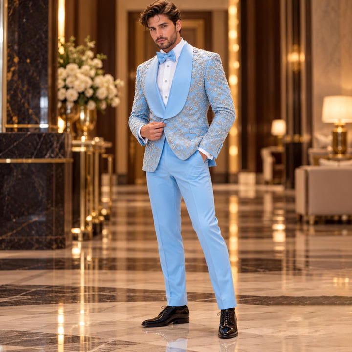 Luxury Light Blue Shawl Lapel Embroidered Diamond 2 Pieces Men Suit For Wedding