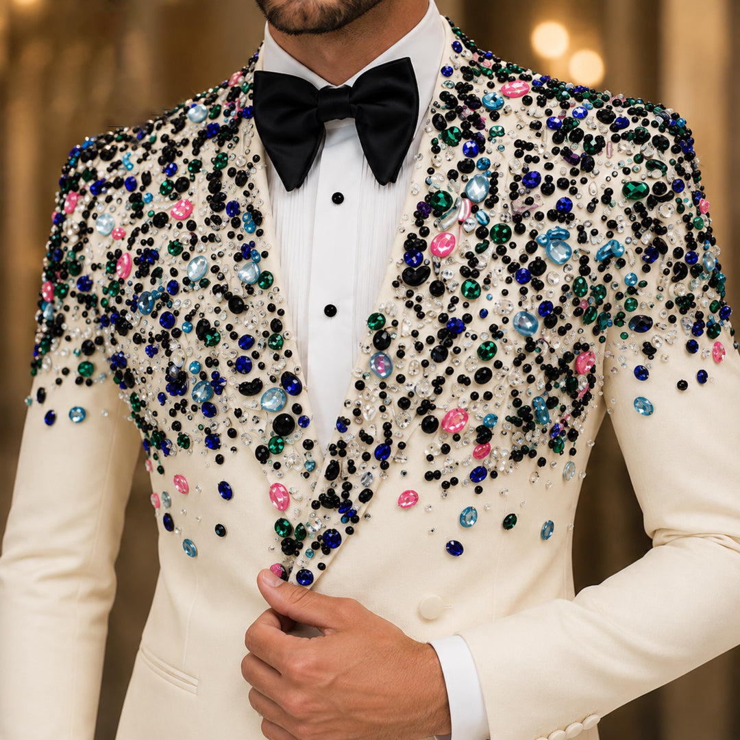 Luxury White Diamond 2 Pieces Double Breasted Men Suit With Peak Lapel For Prom