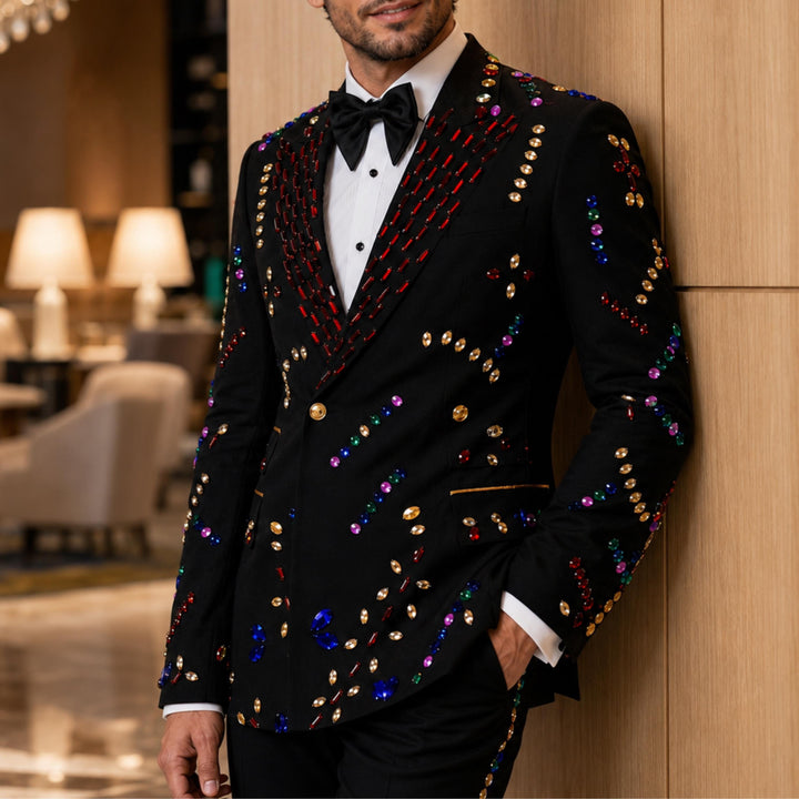 Fashion Black And Colored Diamond Peak Lapel 2 Pieces Men Suit
