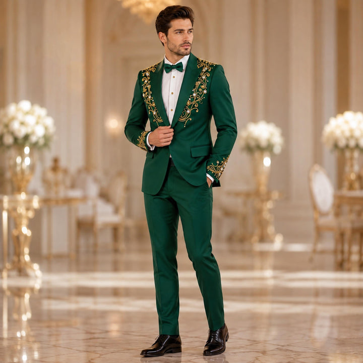 Fashion Green And Diamond Peak Lapel 2 Pieces Men Suit