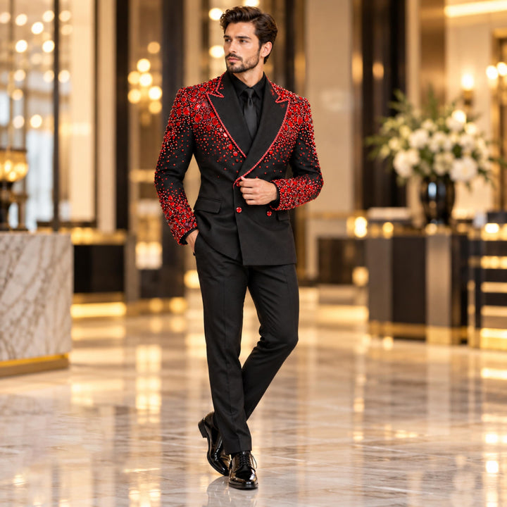 Fashion Black And Red Diamond 2 Pieces Double Breasted Men Suit With Peak Lapel For Prom