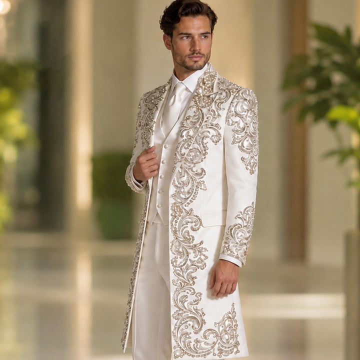 Luxury White Peak Lapel Embroidered Diamond 3 Pieces Men Suit For Wedding
