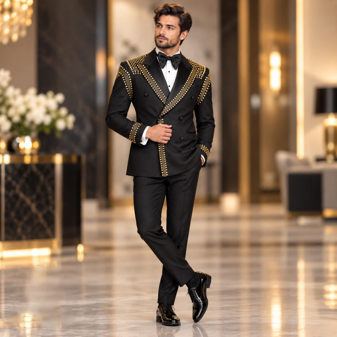 Luxury Black Diamond 2 Pieces Double Breasted Men Suit With Peak Lapel For Prom