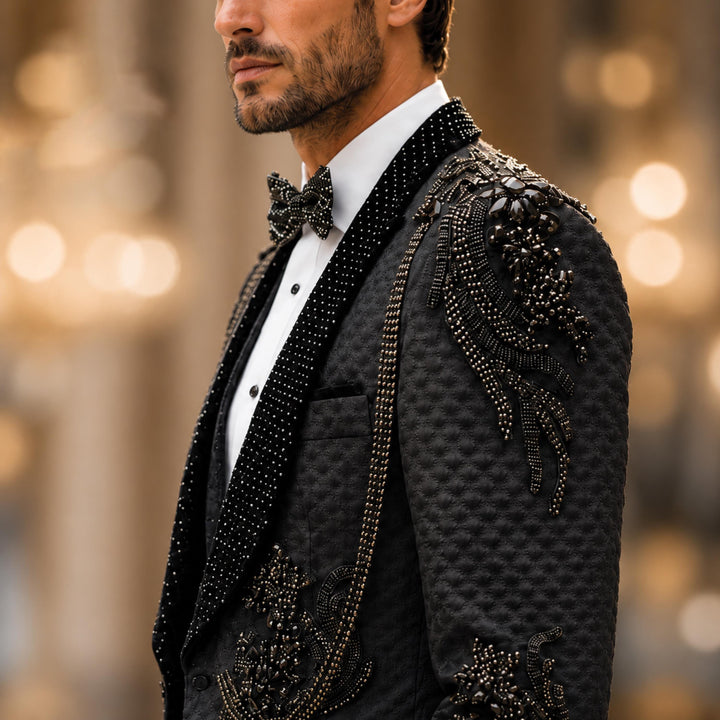 Luxury Black With Shawl Lapel Diamond 3 Pieces Men Suit