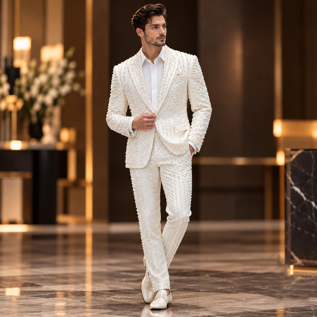 Fashion White And Diamond Peak Lapel 2 Pieces Men Suit
