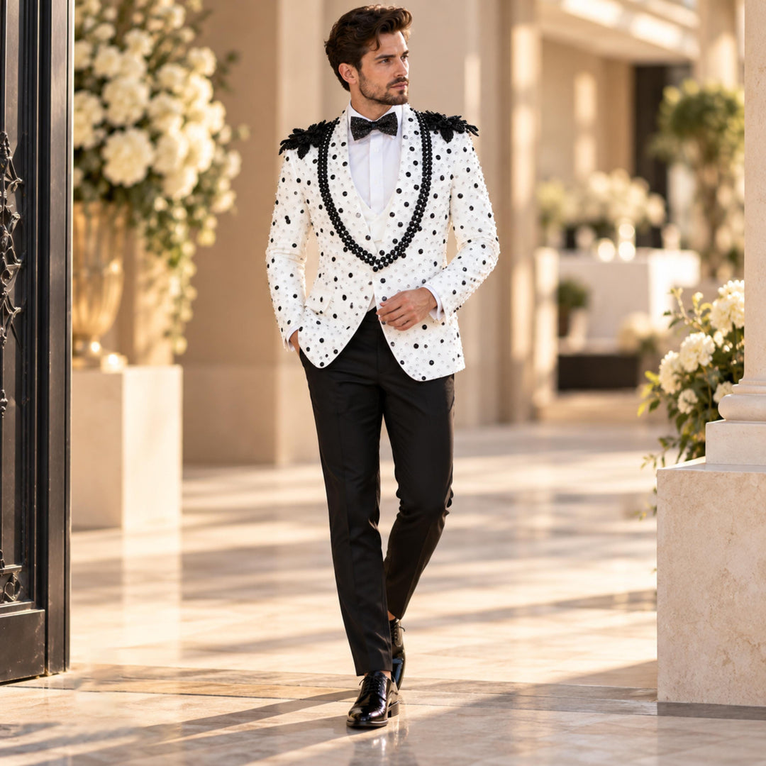 Luxury White Shawl Lapel Embroidered Diamond 2 Pieces Men Suit For Wedding