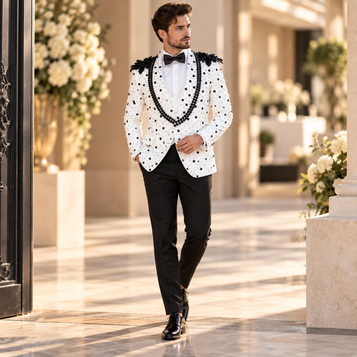 Luxury White Shawl Lapel Embroidered Diamond 2 Pieces Men Suit For Wedding