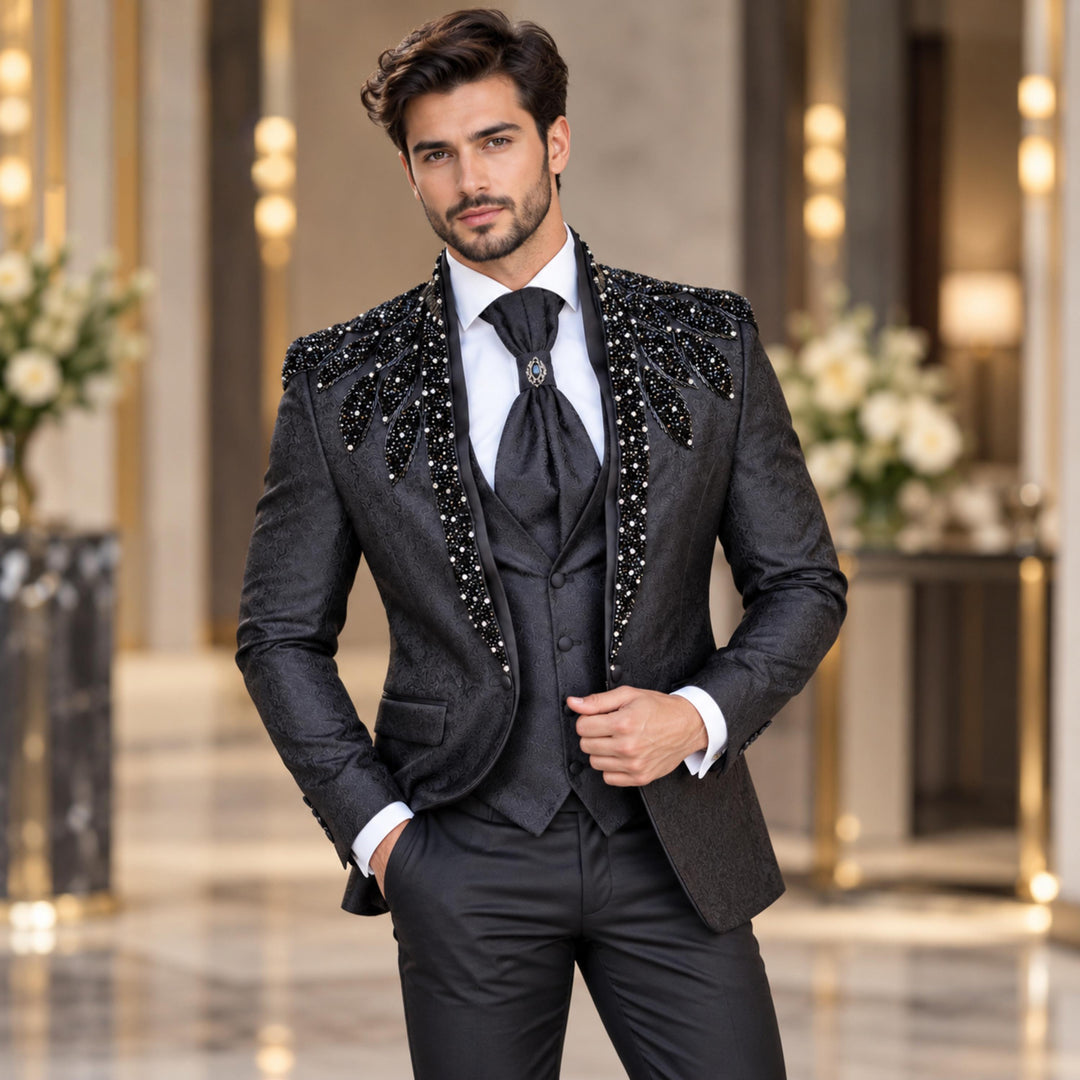 Luxury Black Mens Suit Shawl Lapel With Diamond 3 Pieces Suit