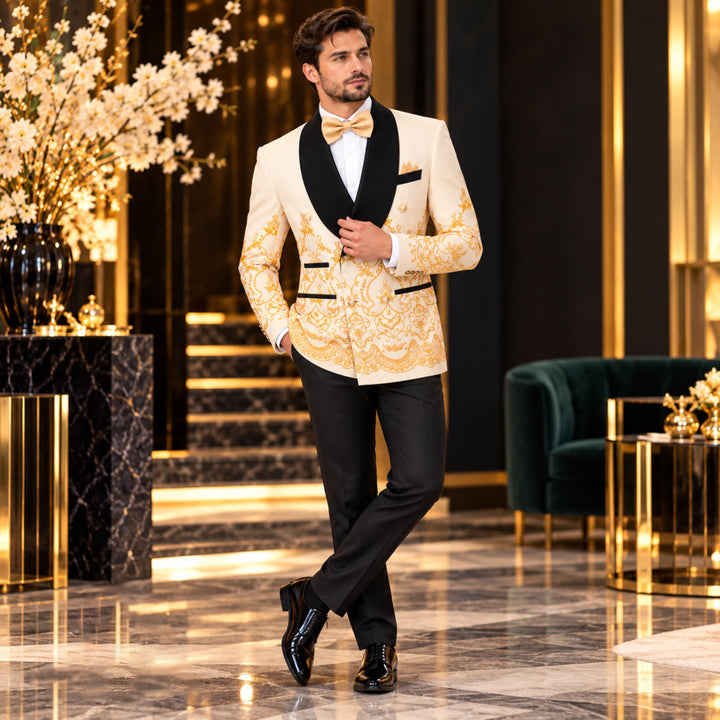 Luxury Champagne Shawl Lapel Embroidered 2 Pieces Men Suit For Wedding
