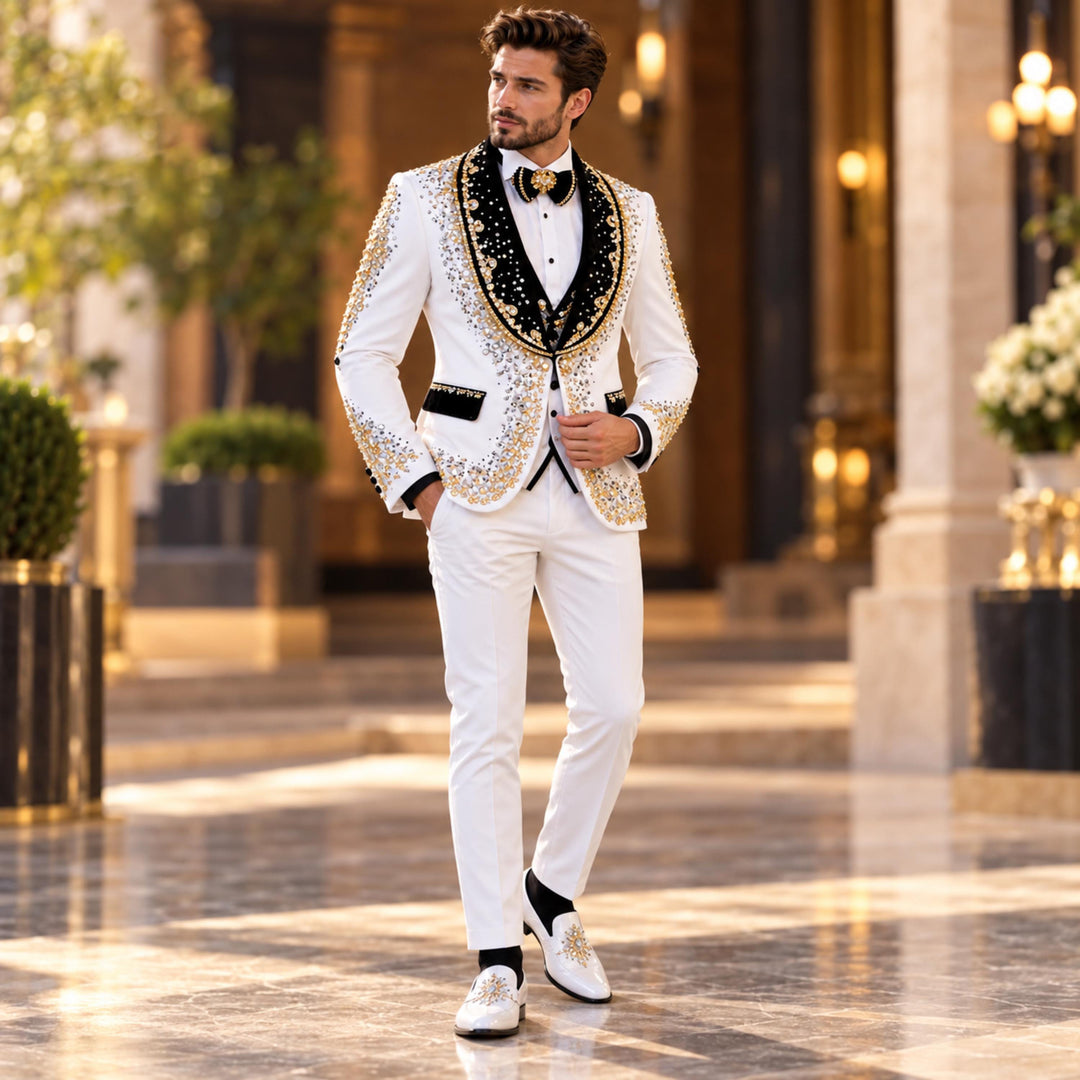 Fashion White And Black With Bling Diamond 2 Pieces Suit For Party
