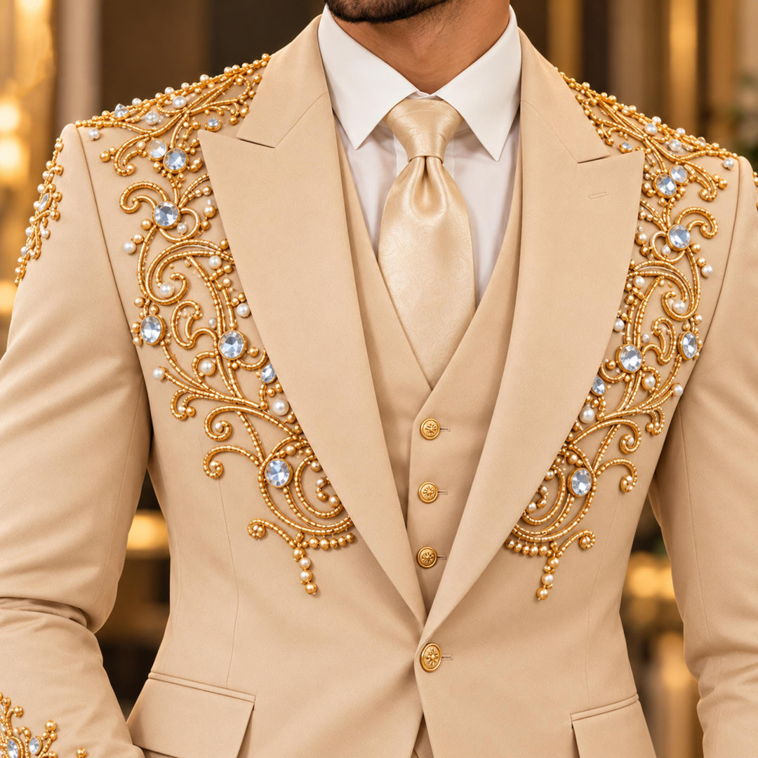 Luxury Champagne Peak Lapel Diamond 3 Pieces Men Suit For Wedding