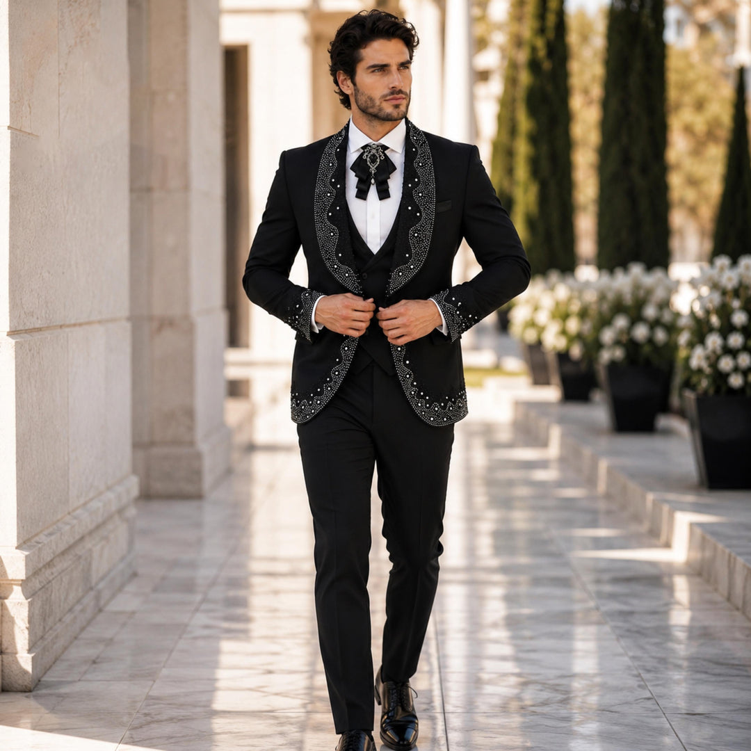 Luxury Black With Shawl Lapel Diamond 3 Pieces Men Suit