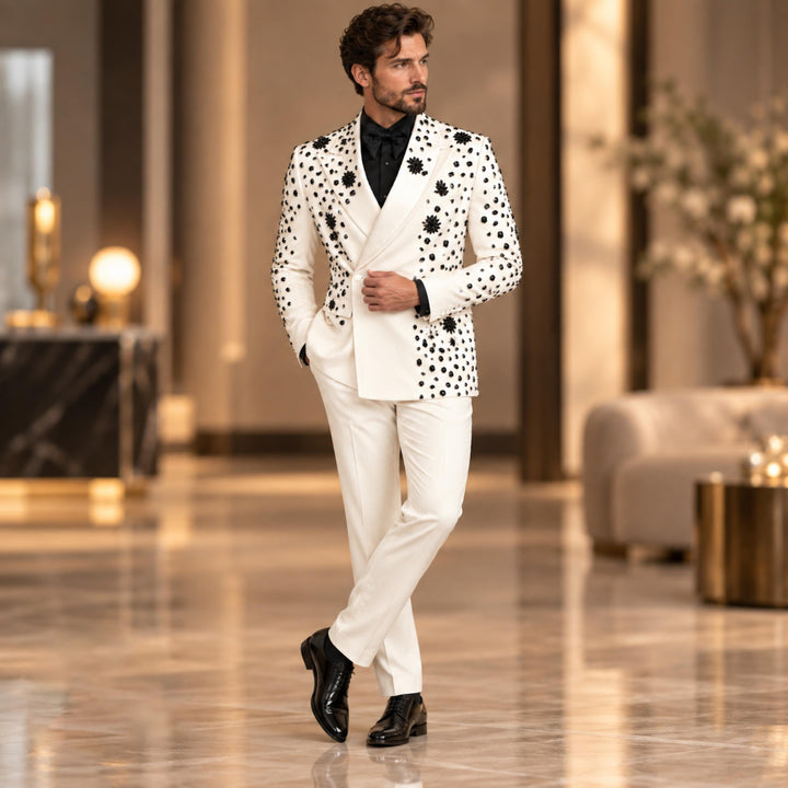 Luxury White Diamond 2 Pieces Double Breasted Men Suit With Peak Lapel For Prom