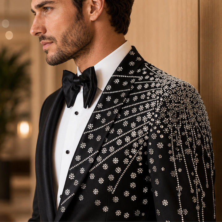 Fashion Black And Diamond Peak Lapel 2 Pieces Men Suit