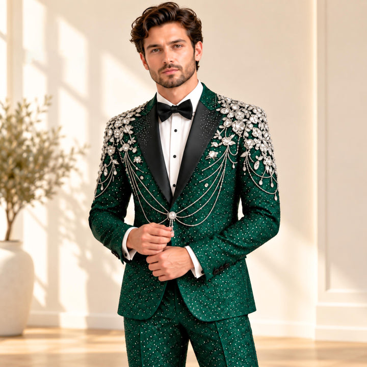 Fashion Emerald And Diamond Peak Lapel 2 Pieces Men Suit