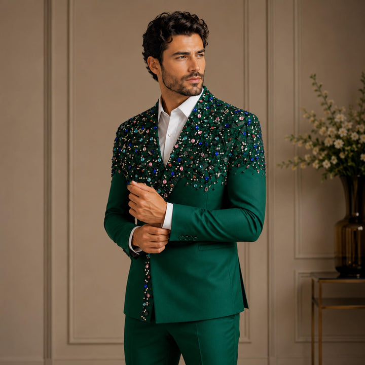 Luxury Hunt Green Diamond 2 Pieces Double Breasted Men Suit With Peak Lapel For Prom