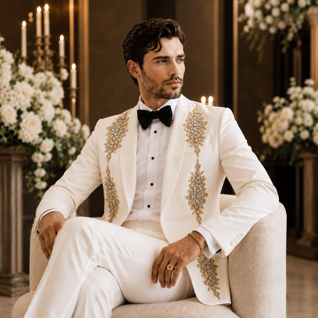Luxury White Shawl Lapel Embroidered Diamond 2 Pieces Men Suit For Wedding