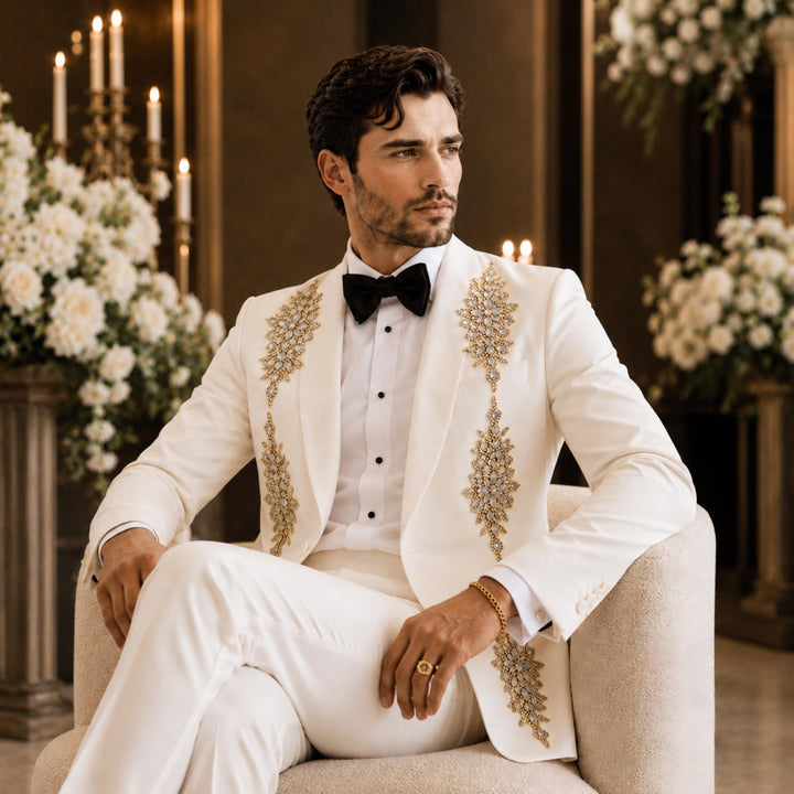 Luxury White Shawl Lapel Embroidered Diamond 2 Pieces Men Suit For Wedding