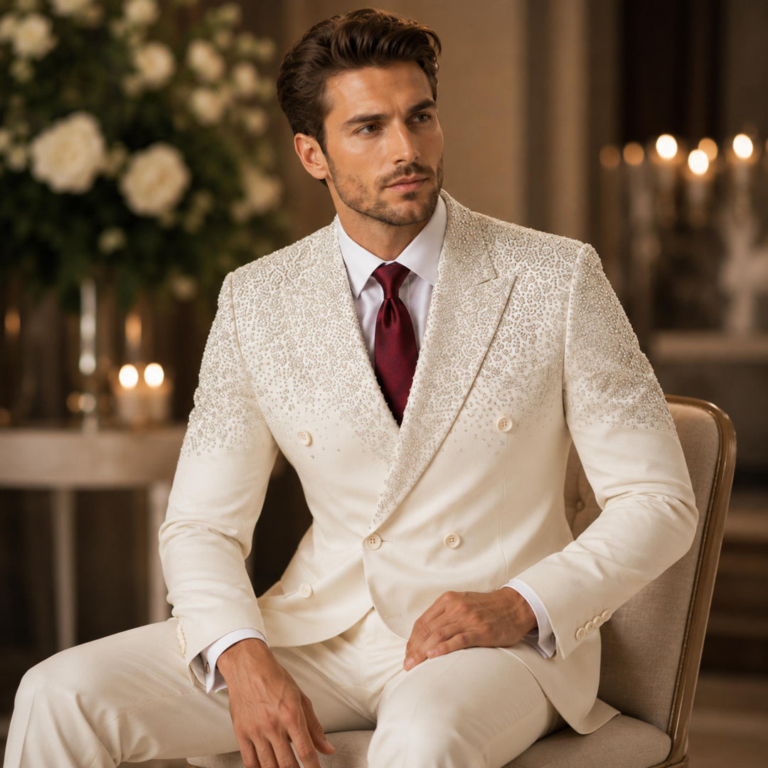 Luxury White Diamond 2 Pieces Double Breasted Men Suit With Peak Lapel For Prom