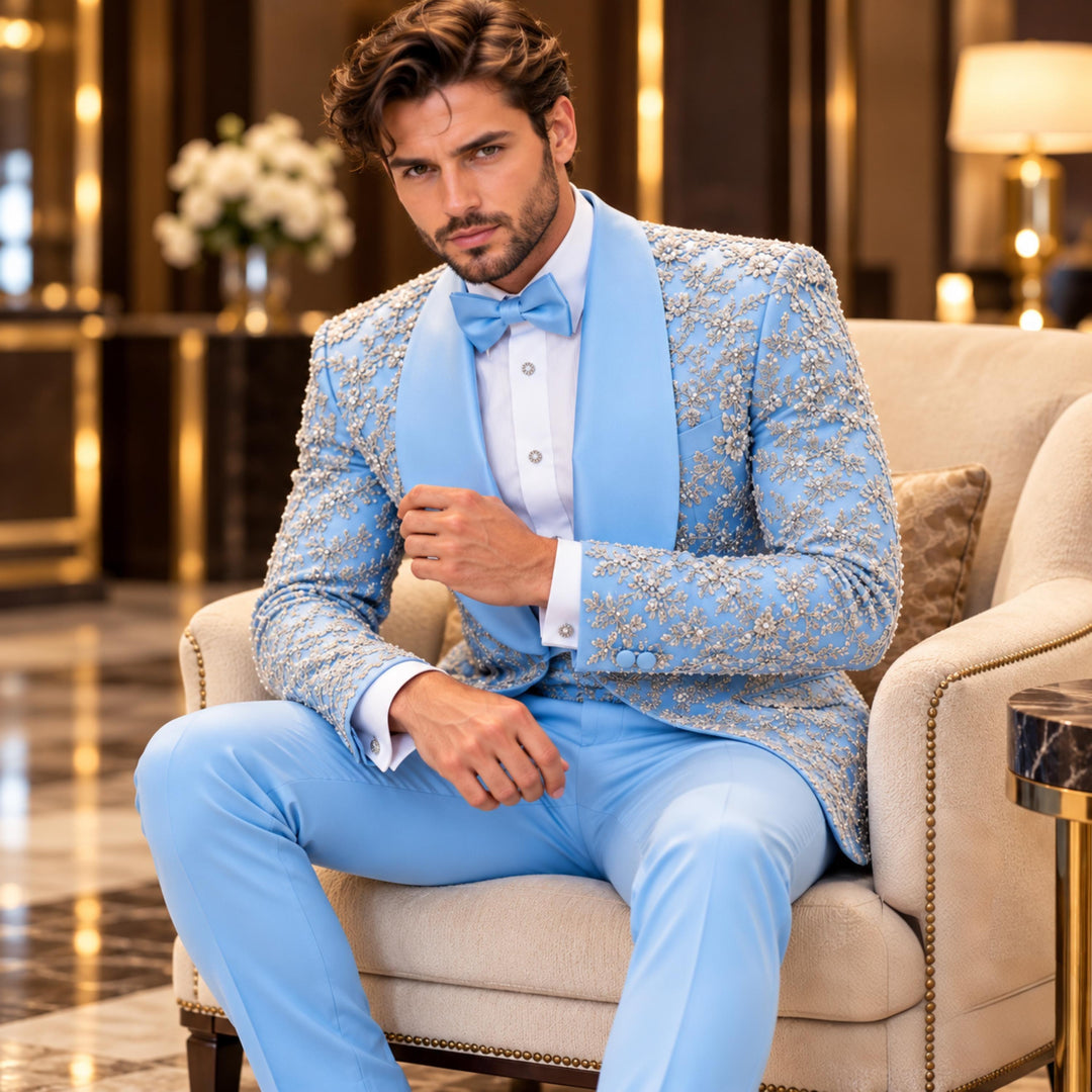 Luxury Light Blue Shawl Lapel Embroidered Diamond 2 Pieces Men Suit For Wedding