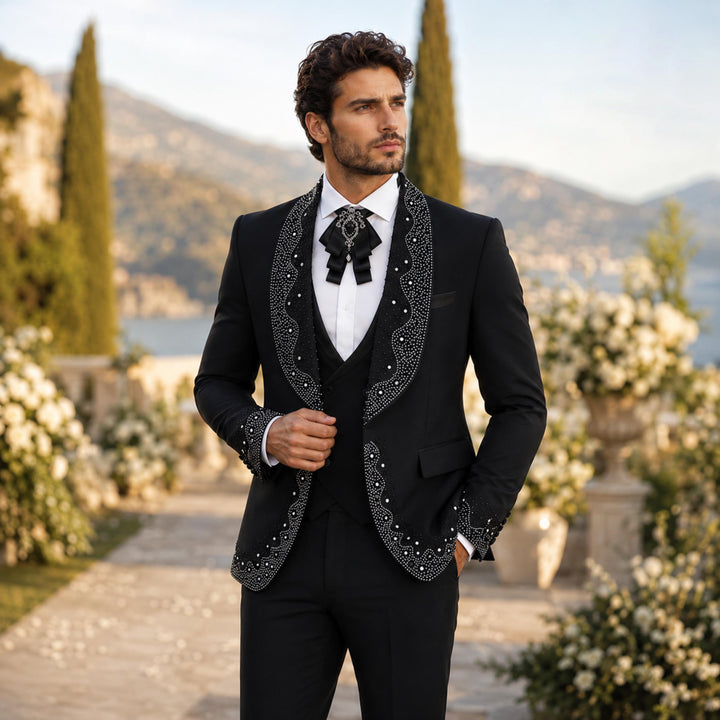 Luxury Black With Shawl Lapel Diamond 3 Pieces Men Suit
