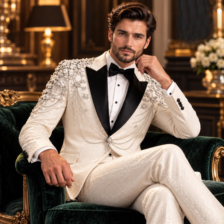 Fashion White And Diamond Peak Lapel 2 Pieces Men Suit