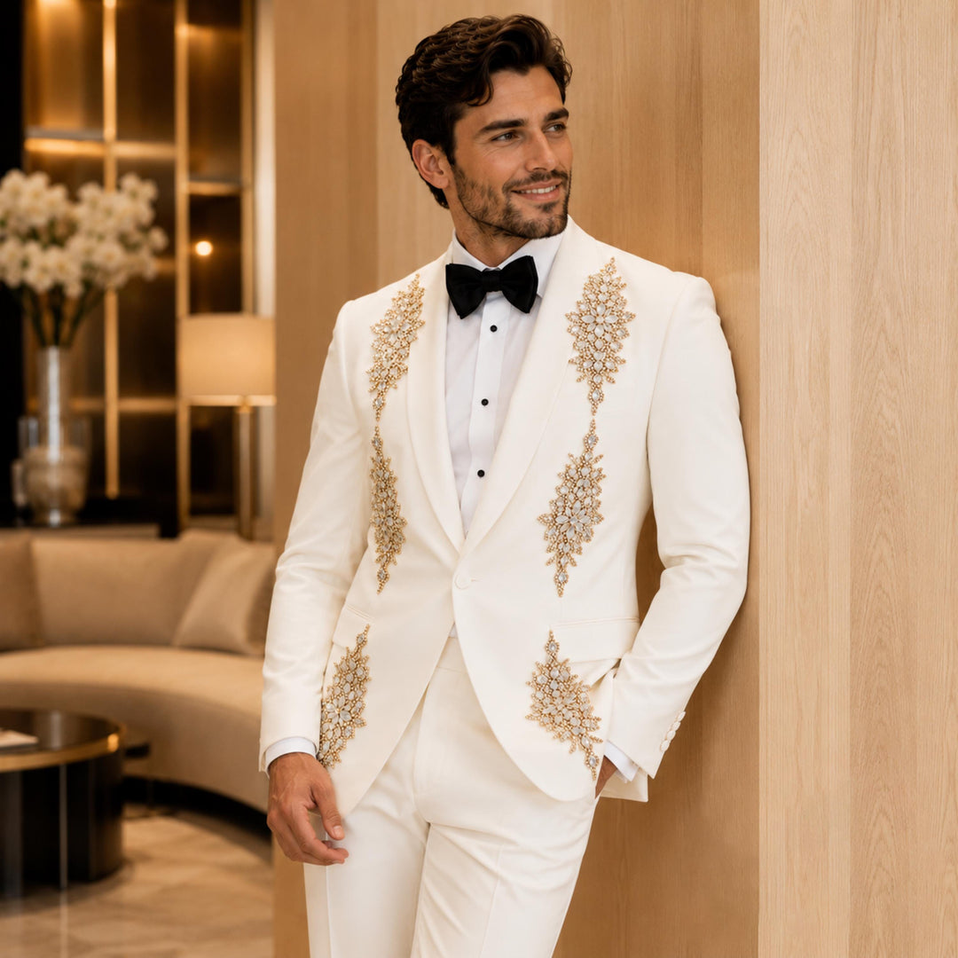 Luxury White Shawl Lapel Embroidered Diamond 2 Pieces Men Suit For Wedding