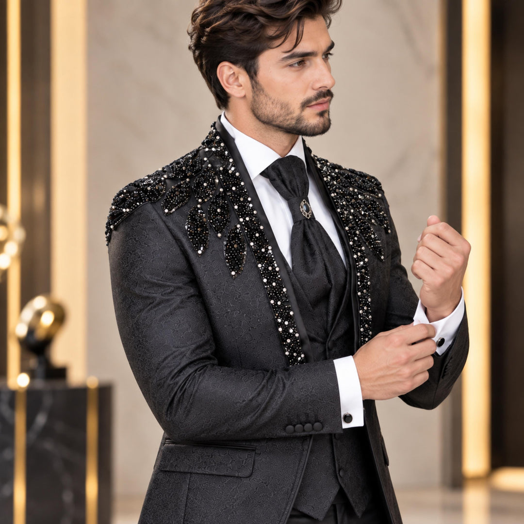 Luxury Black Mens Suit Shawl Lapel With Diamond 3 Pieces Suit