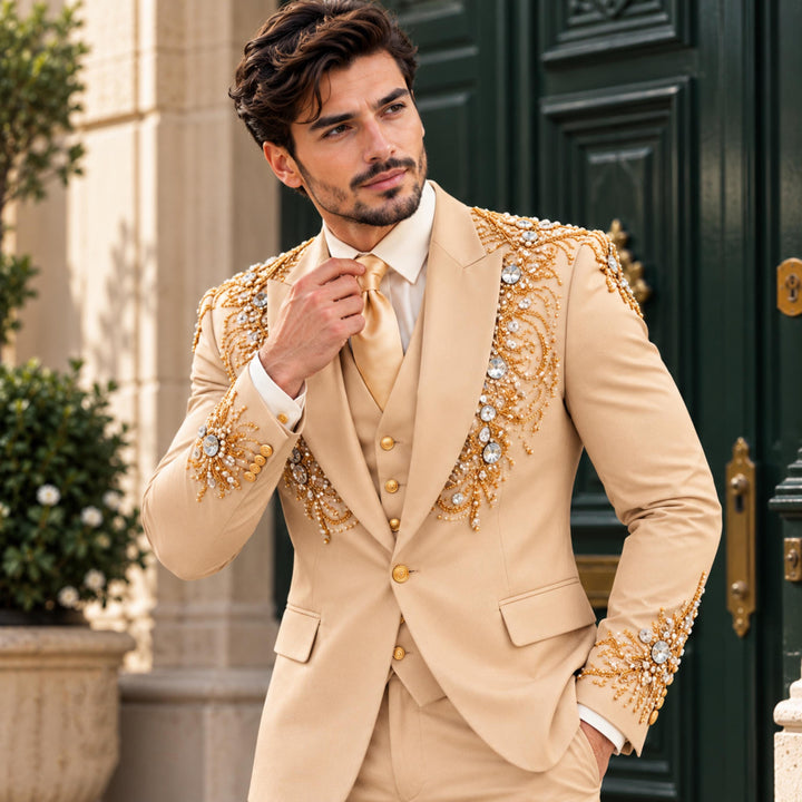 Luxury Champagne Peak Lapel Diamond 3 Pieces Men Suit For Wedding
