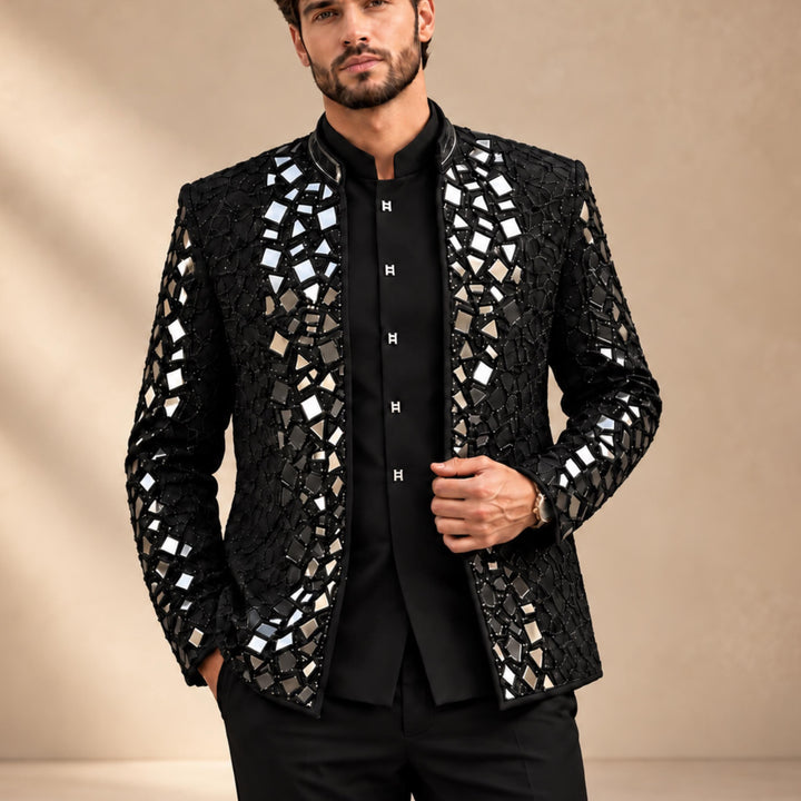Luxury Mens Stand Collar Mirror-finish Diamond 3 Pieces Suit