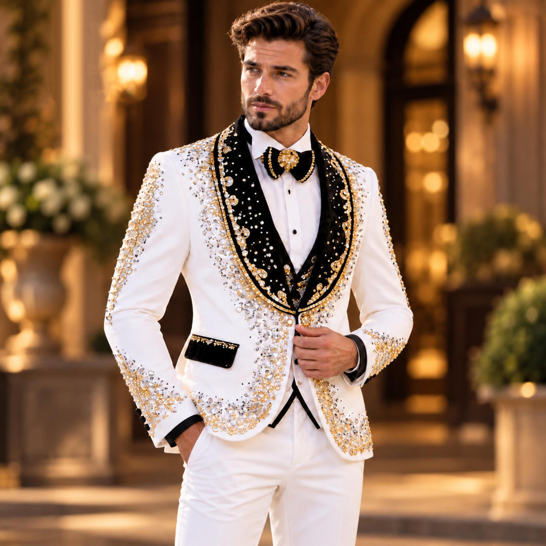 Fashion White And Black With Bling Diamond 2 Pieces Suit For Party