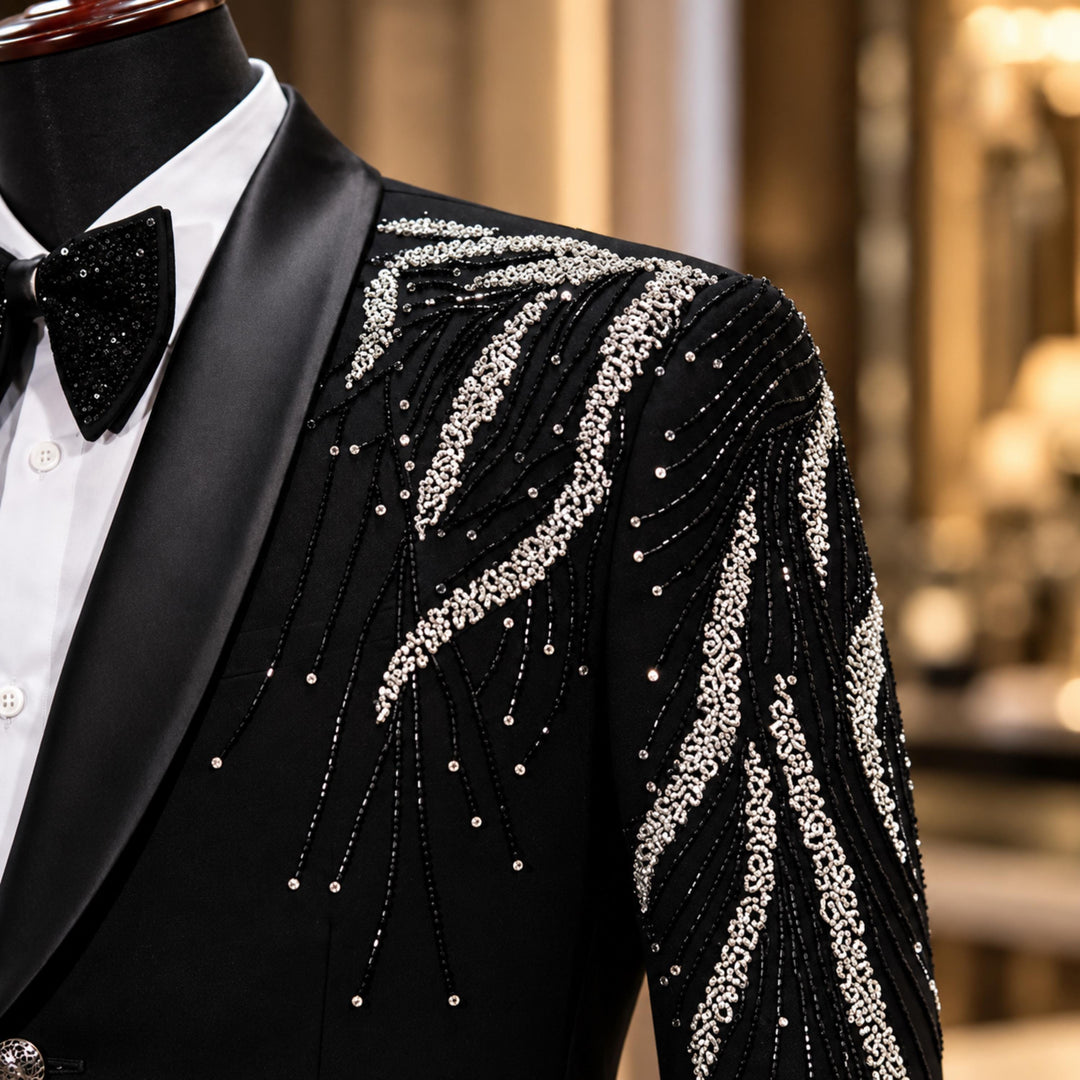 Luxury Black Shawl Lapel Diamond 2 Pieces Men Suit For Prom