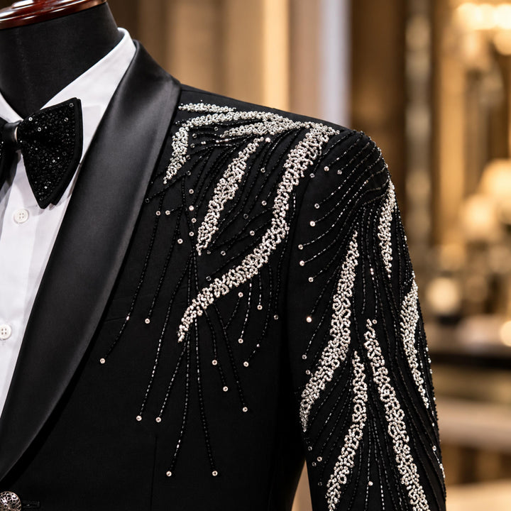 Luxury Black Shawl Lapel Diamond 2 Pieces Men Suit For Prom