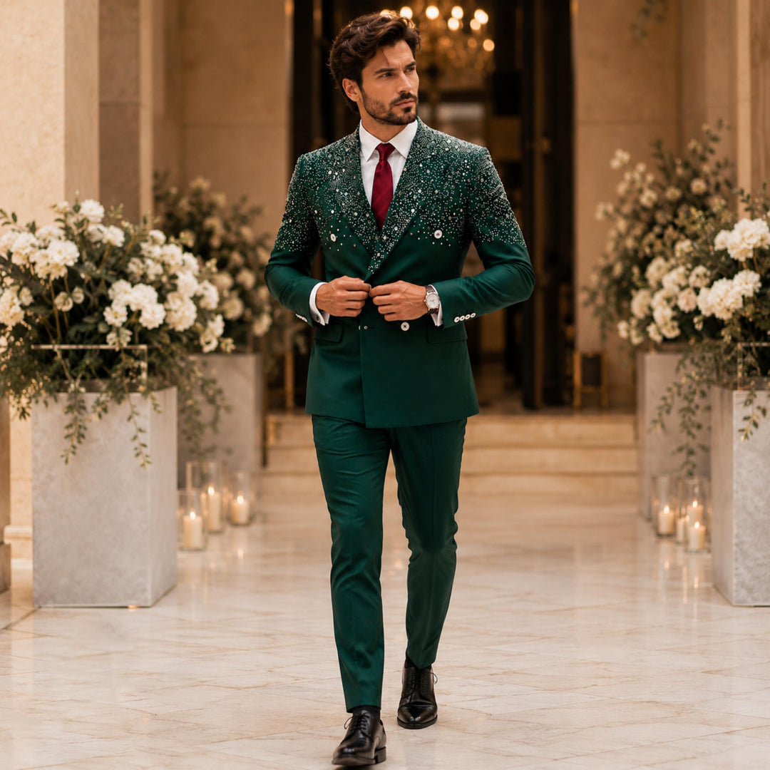 Luxury Hunt Green Diamond 2 Pieces Double Breasted Men Suit With Peak Lapel For Prom