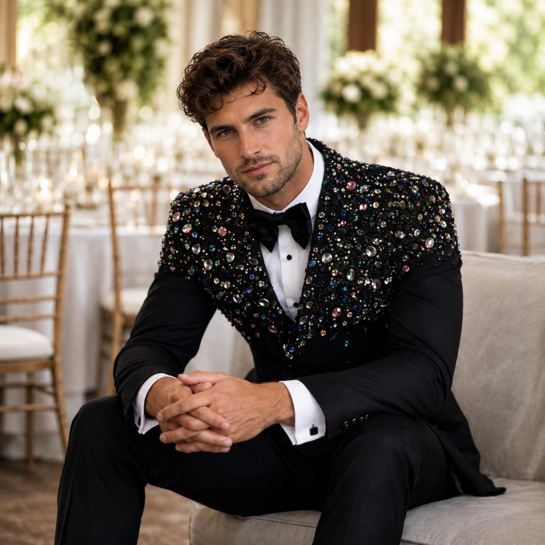 Luxury Black Diamond 2 Pieces Double Breasted Men Suit With Peak Lapel For Prom