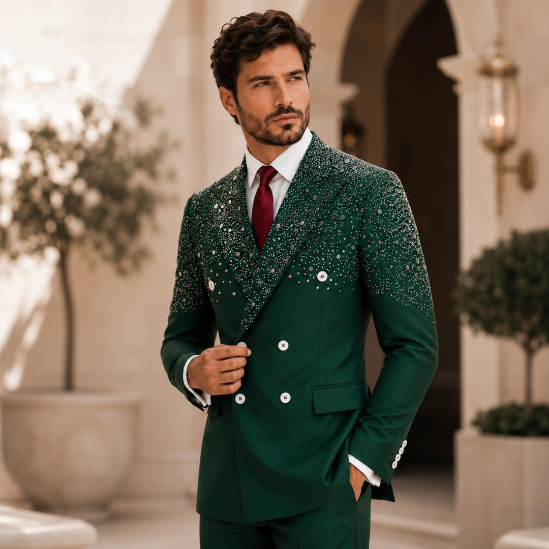 Fashion 2 Pieces Suit In Green Peaked Lapel Diamond For Prom