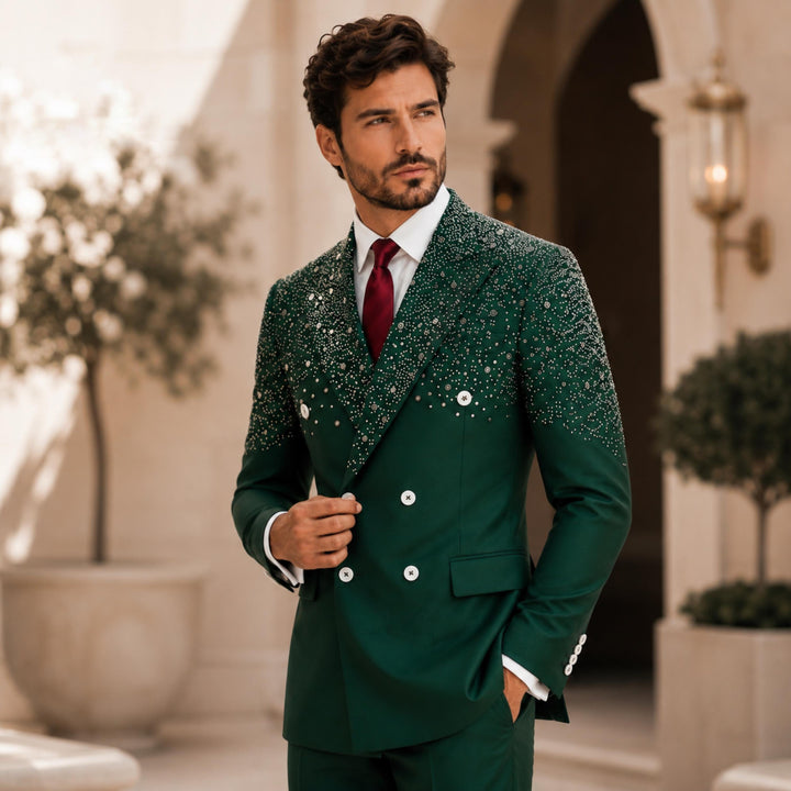 Fashion 2 Pieces Suit In Green Peaked Lapel Diamond For Prom