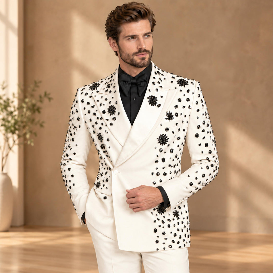 Luxury White Diamond 2 Pieces Double Breasted Men Suit With Peak Lapel For Prom