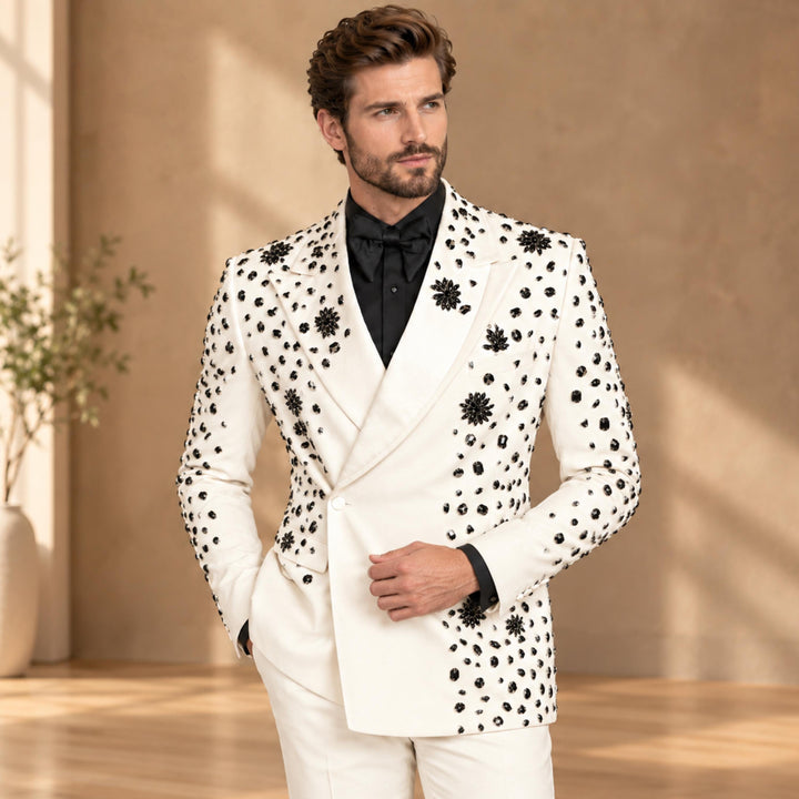 Luxury White Diamond 2 Pieces Double Breasted Men Suit With Peak Lapel For Prom