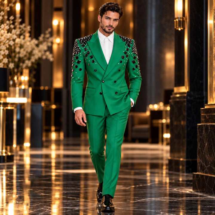 Luxury Black Diamond 2 Pieces Double Breasted Men Suit With Peak Lapel For Prom