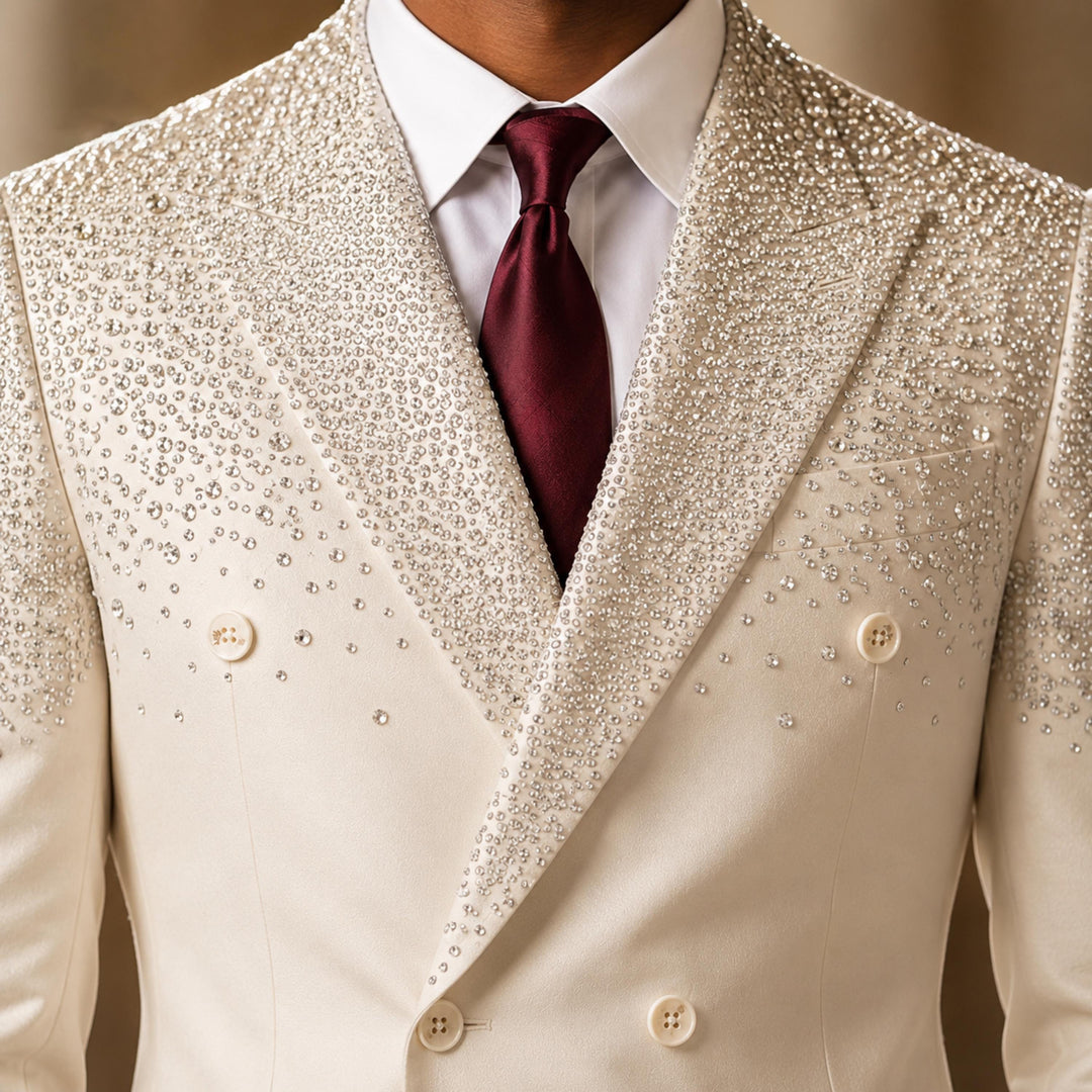 Luxury White Diamond 2 Pieces Double Breasted Men Suit With Peak Lapel For Prom