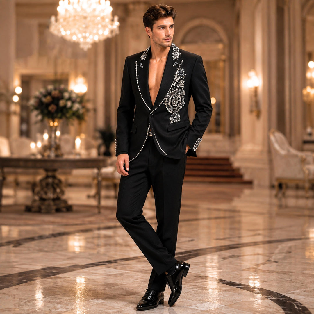 Fashion Black And Diamond Peak Lapel 2 Pieces Men Suit