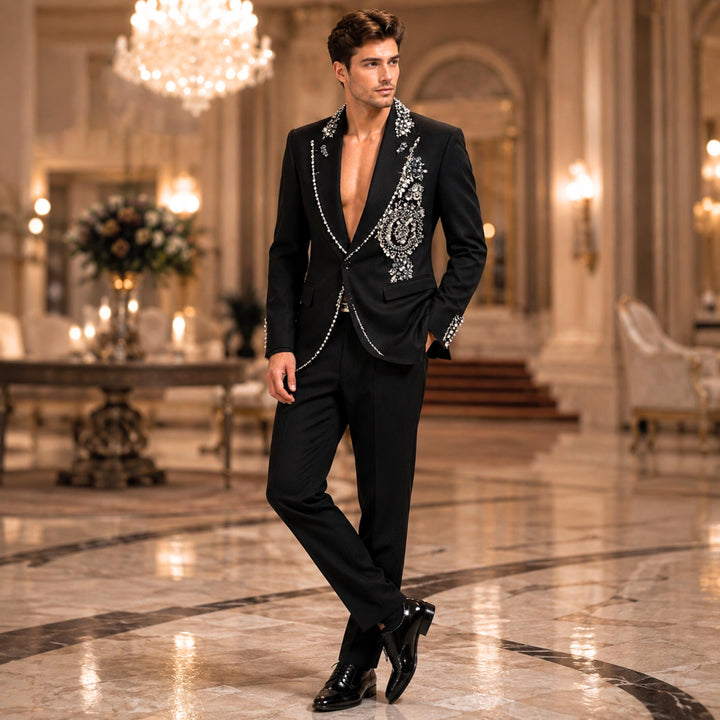Fashion Black And Diamond Peak Lapel 2 Pieces Men Suit