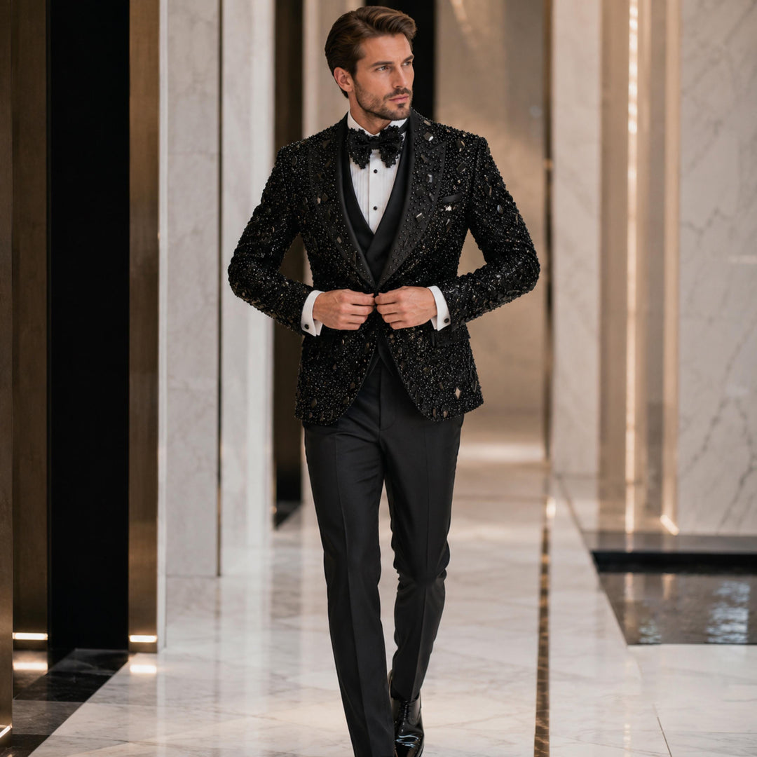 Luxury Black Peak Lapel Embroidered 3 Pieces Mens Suit