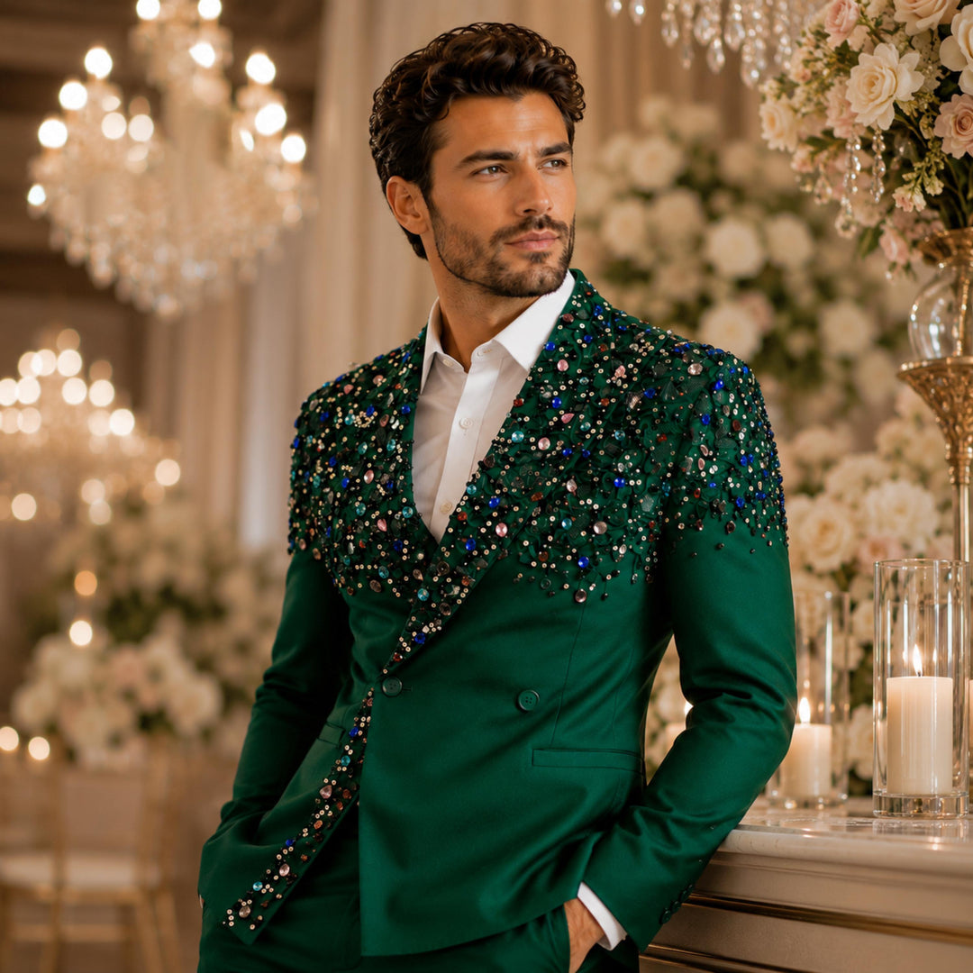 Luxury Hunt Green Diamond 2 Pieces Double Breasted Men Suit With Peak Lapel For Prom
