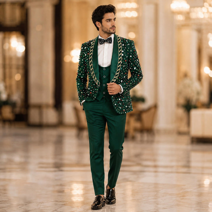 Luxury Black With Shawl Lapel Colored Diamond 3 Pieces Men Suit